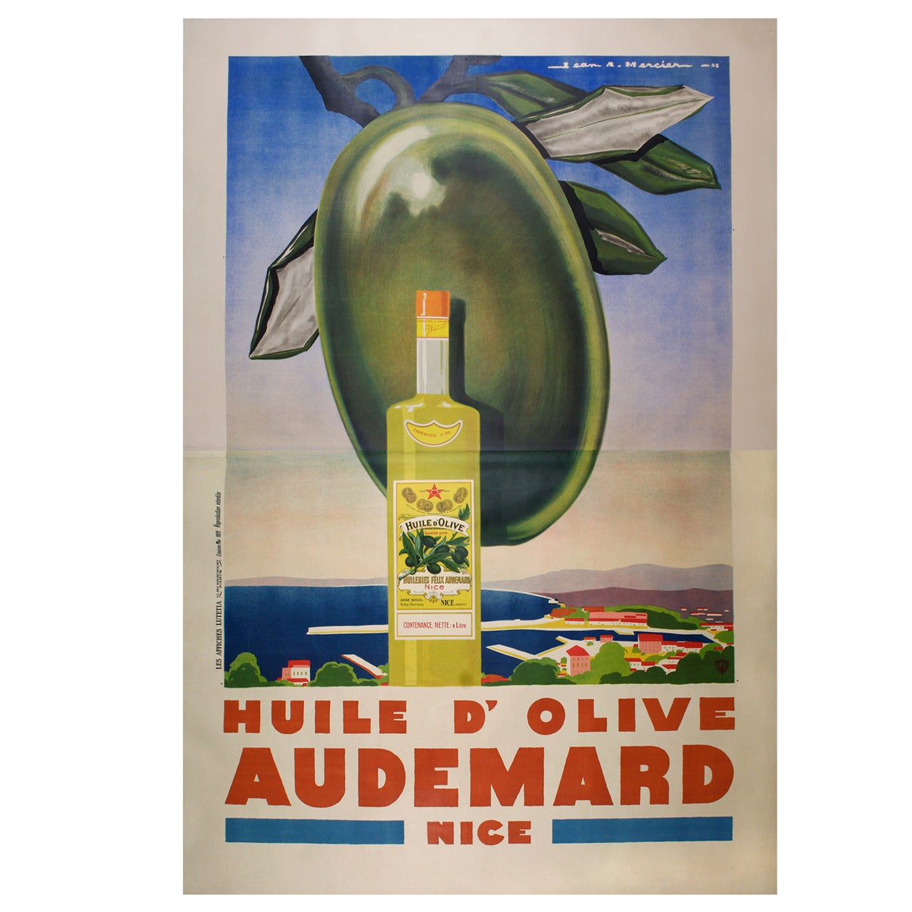 French Art Deco Period Olive Oil Poster by Jean Mercier, 1928