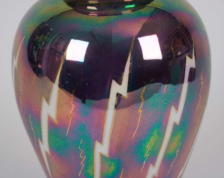 A Royal Bavarian vase by M. Rosenbaum and Sons, early 1900's. Faience porcelain with mirrored finish and lightening bolt motif. Pieces such as this were produced specifically for the American market.