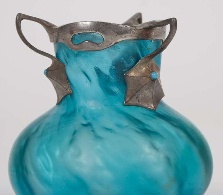 German Art Nouveau Period Glass Vase with Pewter Mount