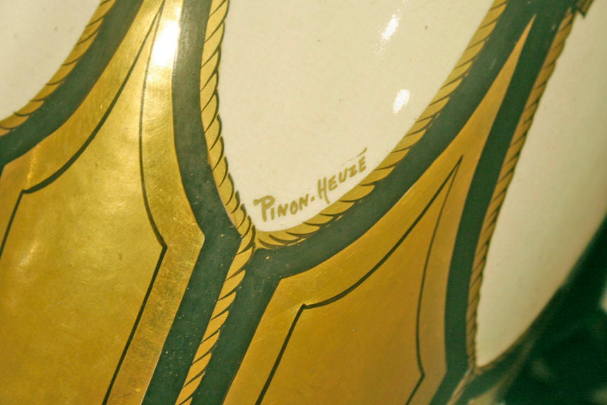 Beautiful and important French Art Deco period vase with gold leaf design by Pinon-Heuze, produced by Sevres. Signed Pinon Heuze.