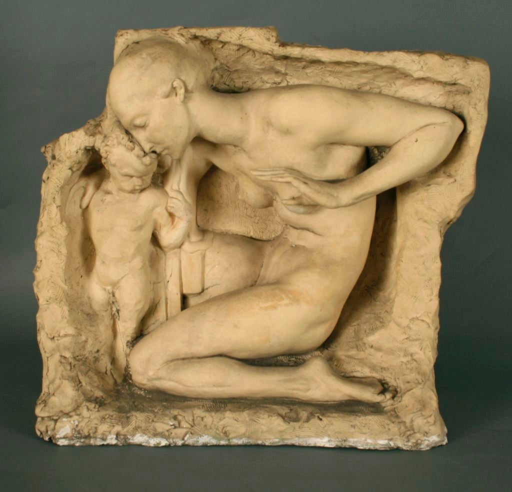 An impressive bas relief terra cotta sculpture by Edgardo Simone, signature inscribed on right side with "Chicago Feb 1937."

Born in Brindisi Italy and classically trained as a sculptor, Simone (1890-1948) created public monuments in