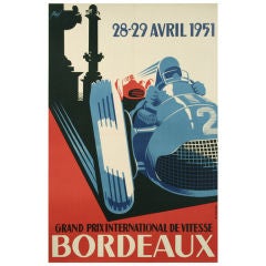 Original Antique Grand Prix Bordeaux Race Poster by Roy, 1951