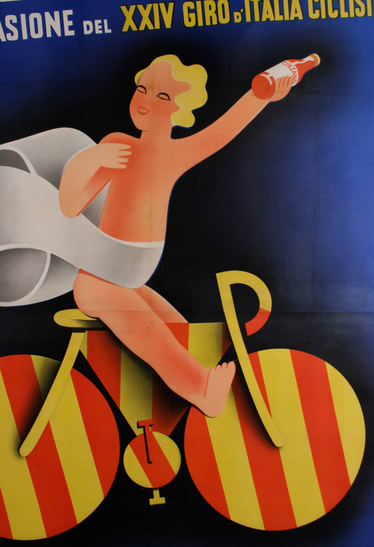A large (two sheet) and colorful Italian Futurist period poster by Nico Edel, 1936. To advertise two races sponsored by Cinzano liquor, the artist cleverly references the company's blue and orange zebra symbol with a striped bicycle set against a