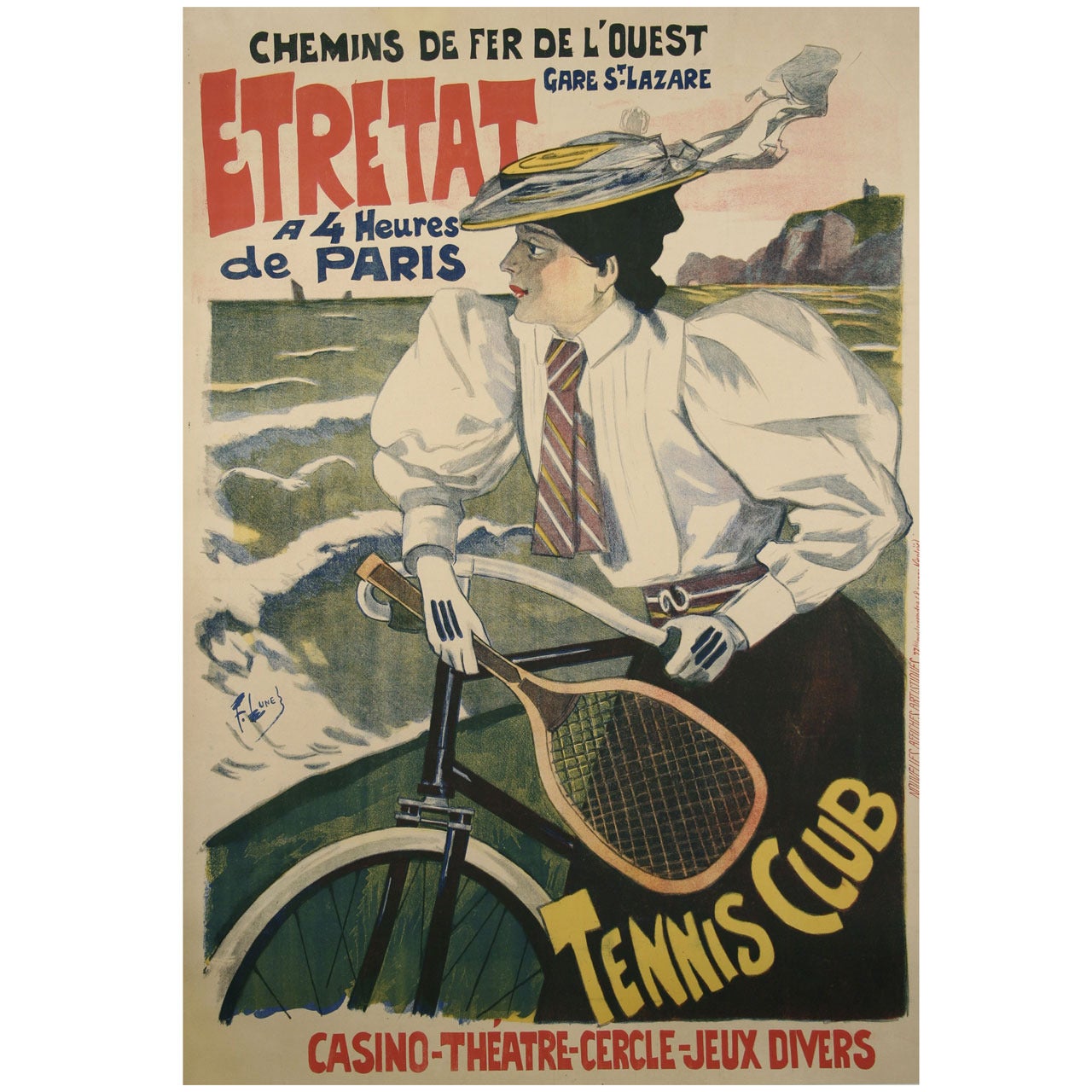 French Turn of the Century Tennis Club Poster by Ferdinand Lunel, 1896 For Sale