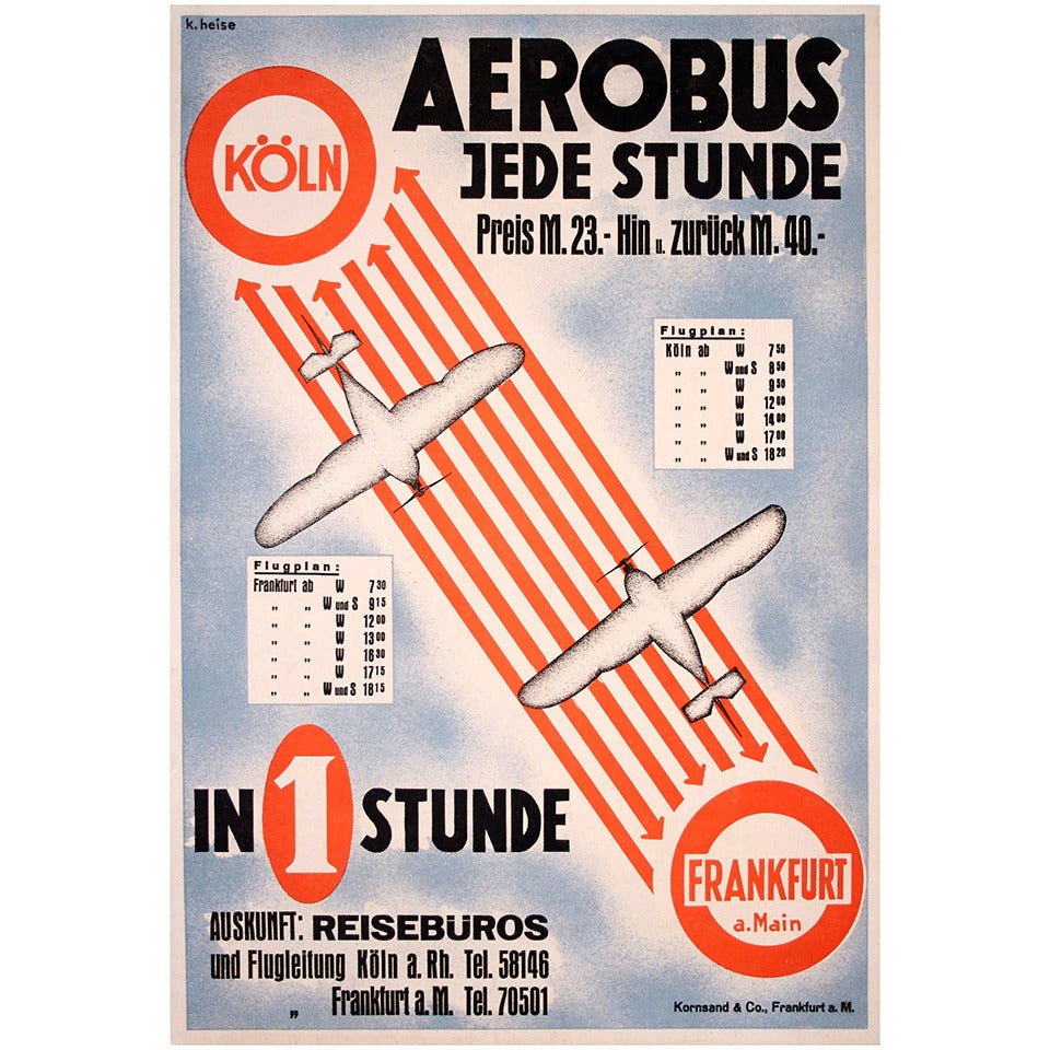 German Art Deco Period Air Travel Poster by Heise, circa 1930