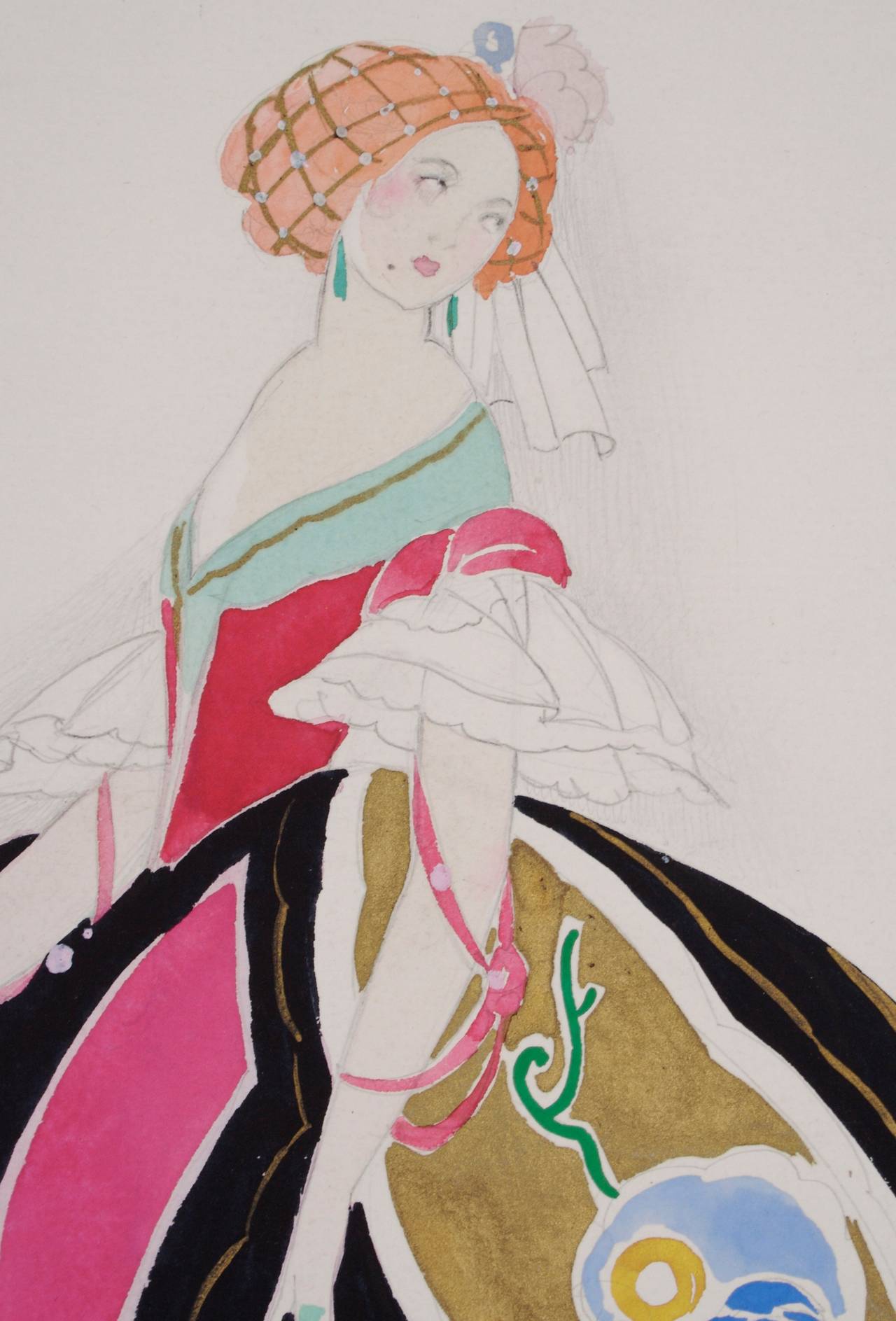 An Art Deco period watercolor and pencil on paper costume design by Umberto Brunelleschi, circa 1920s. Signed in pencil, lower right.

Italian born Brunelleschi (1879-1949) was a painter, printmaker, illustrator and designer. He permanently