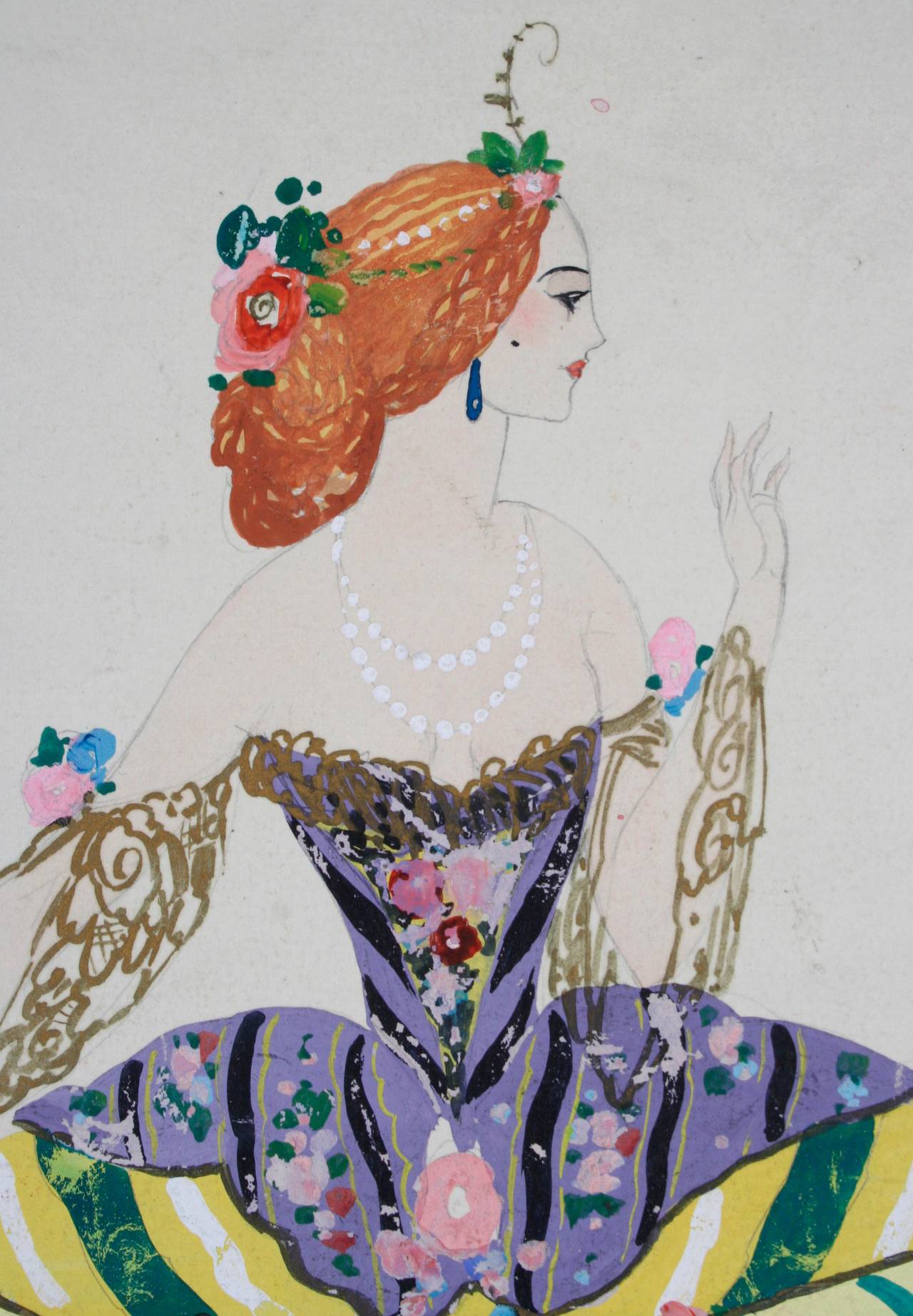 An Art Deco period watercolor and pencil on paper costume design by Umberto Brunelleschi, c. 1920s. Signed in pencil, lower right. 

Italian born Brunelleschi (1879-1949) was a painter, printmaker, illustrator and designer. He permanently