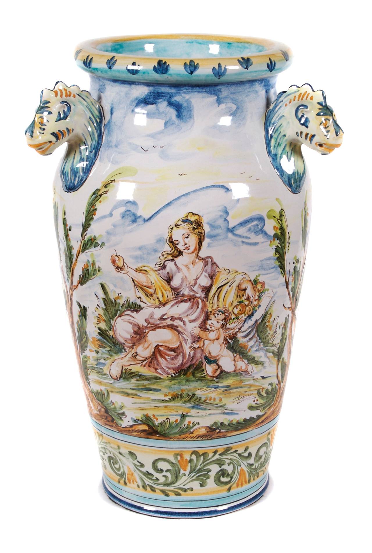 Lovely pair of large Italian majolica vases by Giuseppe Mazzotti, circa 1930. Very detailed hand painting on body and four animal head handles.

Giuseppe Mazzotti opened his ceramic manufactury in Albisola, a town on the Italian Riviera, in 1903.