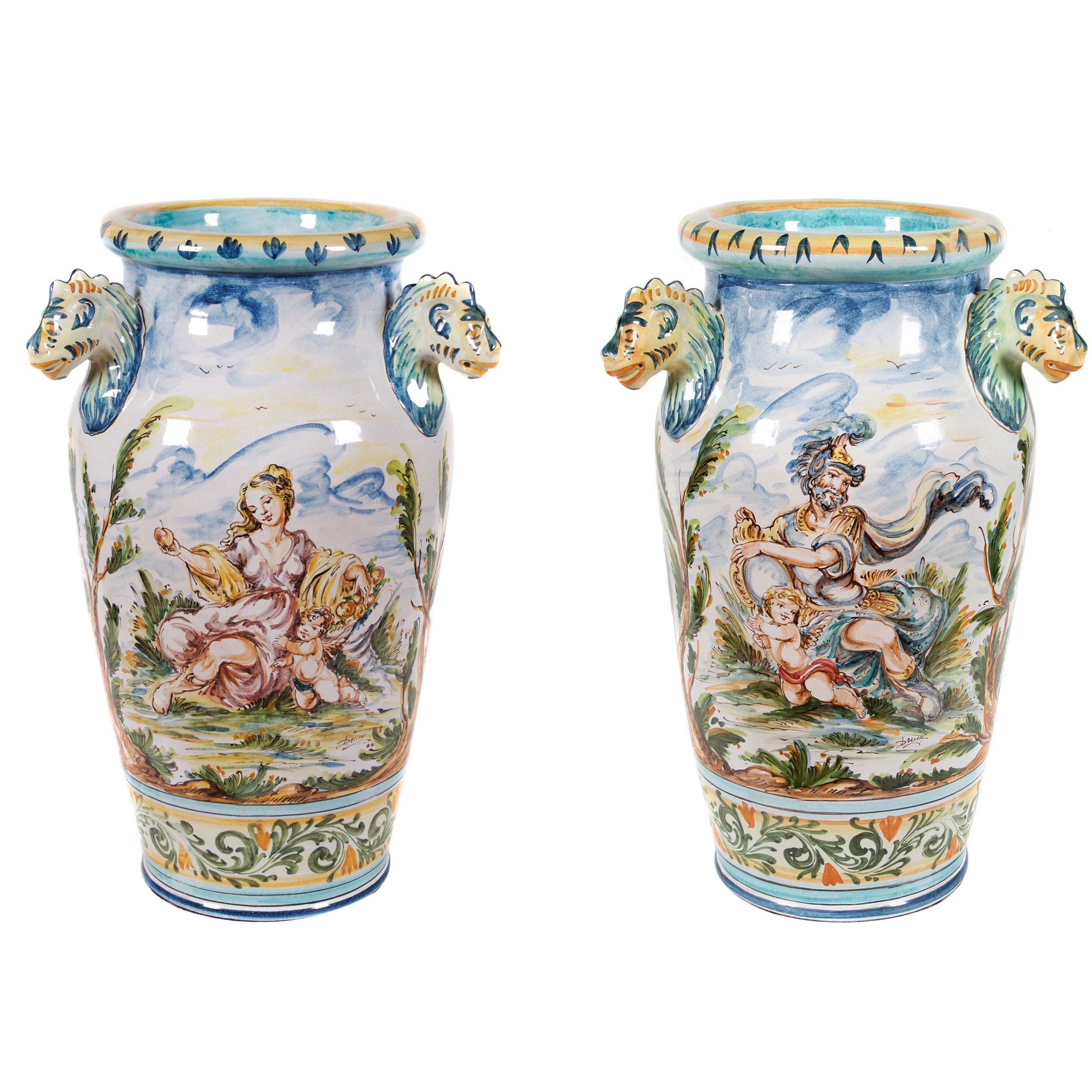 Pair of Large Italian Majolica Vases by Giuseppe Mazzotti, circa 1930 For Sale