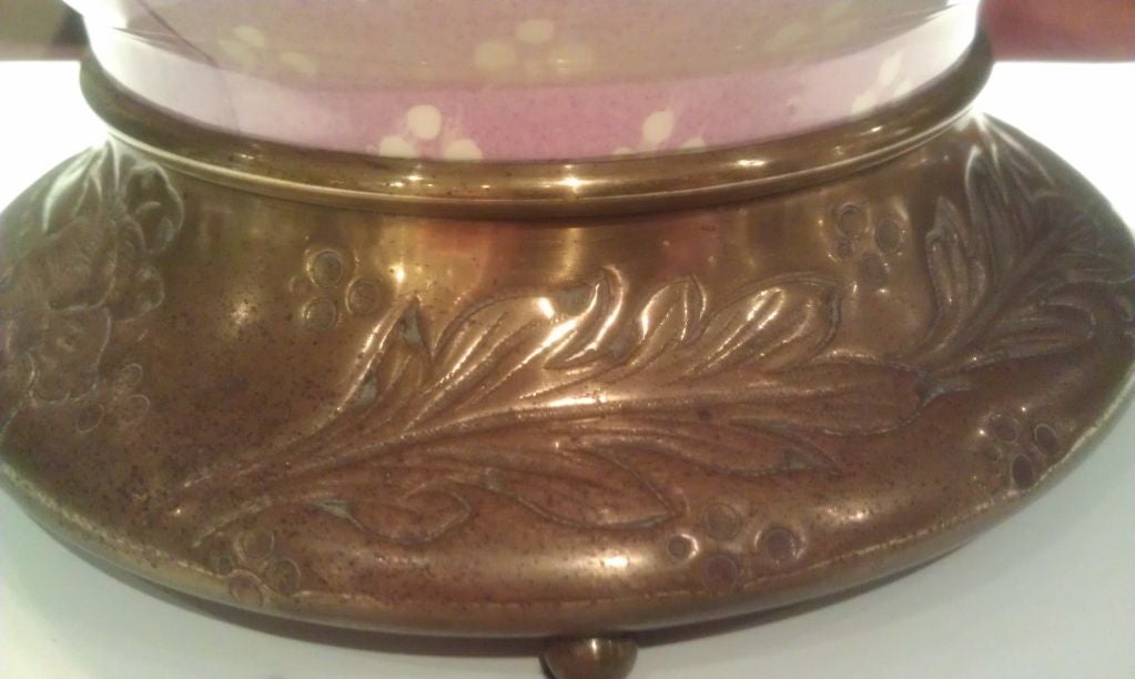 French art nouveau period floral motif ceramic vase by Luneville; brass mounts.