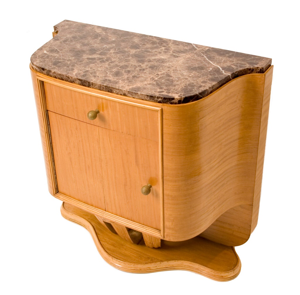 Pair of Italian sycamore wood bedside tables from the 1940s; marble tops are present day.