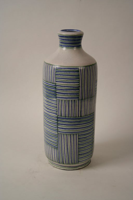 Large eramic vase by Guido Gambone, Italy, c. 1950. Lovely blue and green horizontal and vertical line design.