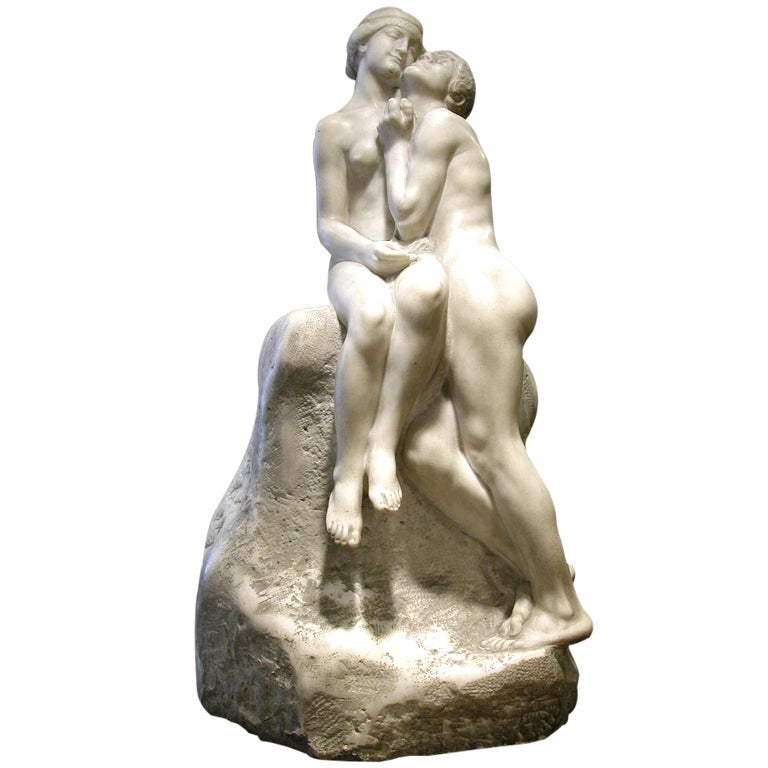 Large French Art Nouveau Period Marble Sculpture by Max Blondat For Sale