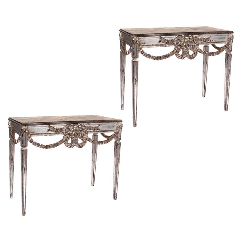Pair of Italian Silver Leaf Consoles, Early 1900s