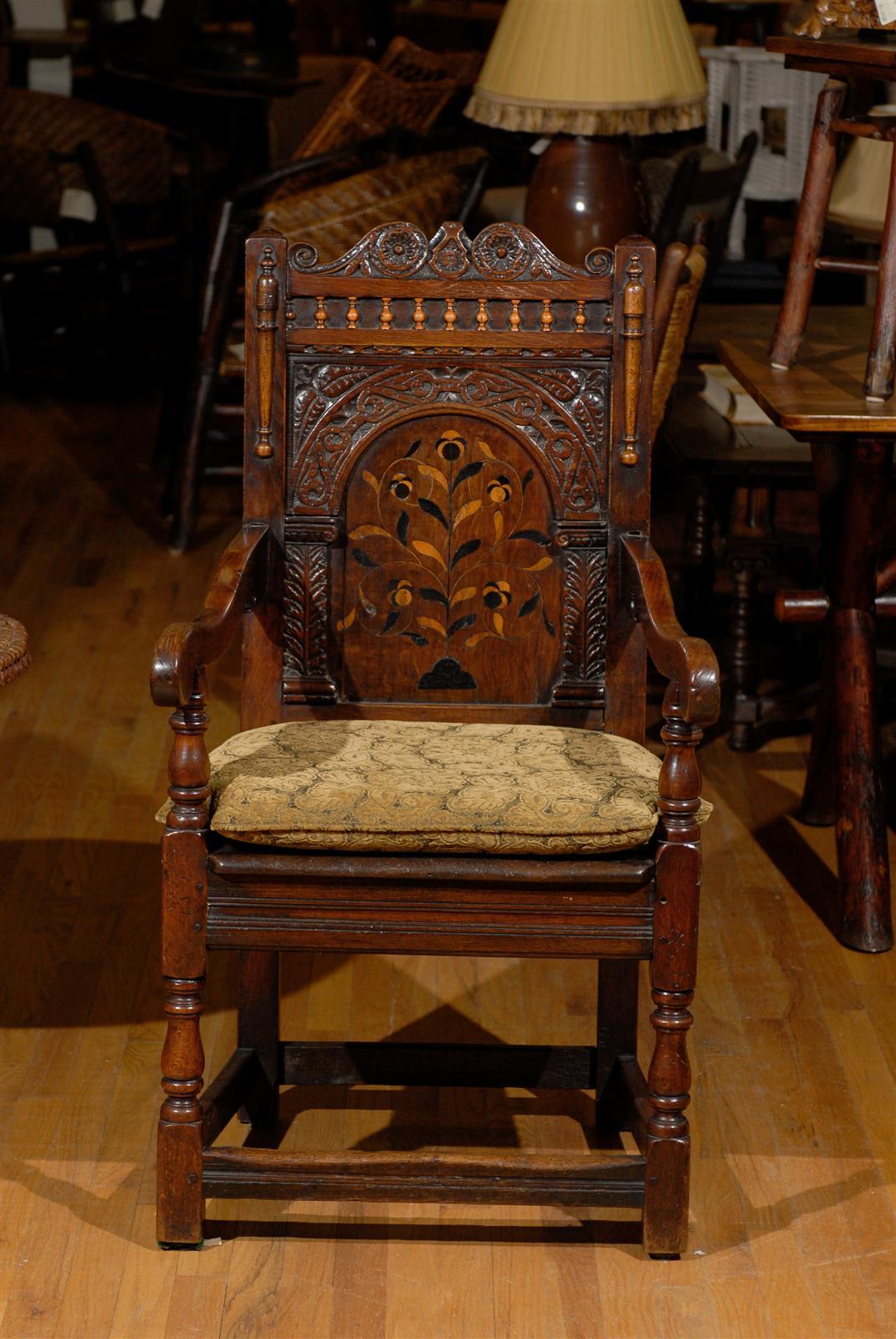 Elizabethan 18th Century English Joined Armchair with Wonderful Inlay For Sale