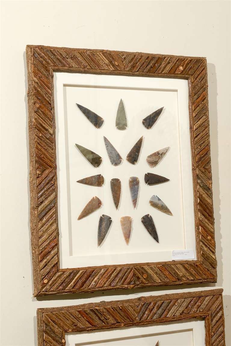 This is a set of 5 hand made pine bark frames displaying a lovely set of arrowheads.  These would fit into many settings such as a mountain home, western home, restaurant, office, lake home, and more.