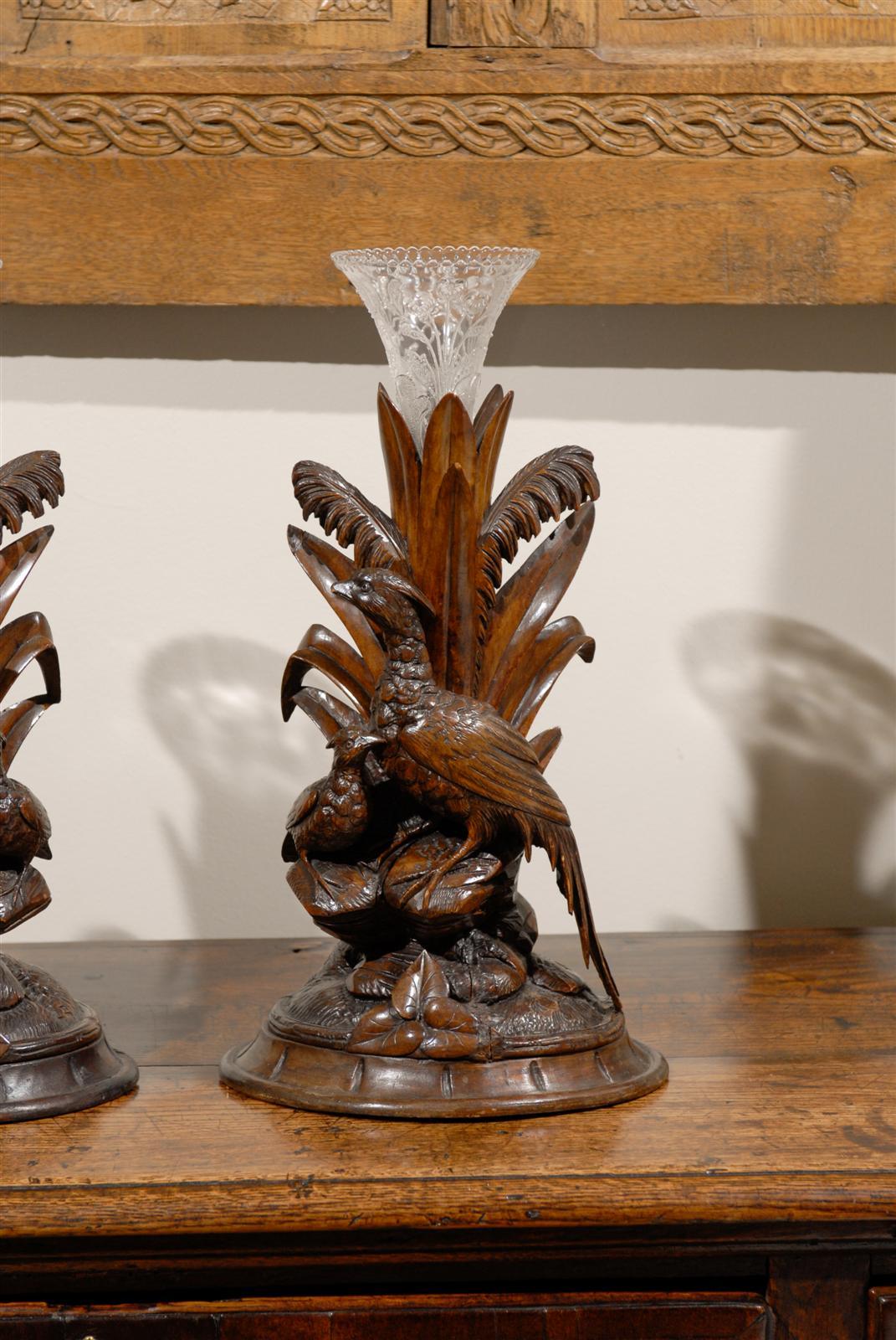Carved Very Rare Pair of Black Forest Epergnes or Vases, circa 1880
