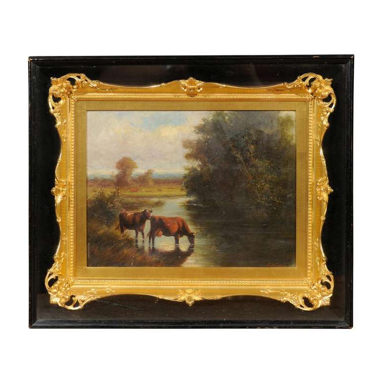 This original 19th century oil painting is on paper mounted on board encased in a wooden frame. The English artist is Gregory Houger, Liverpool.