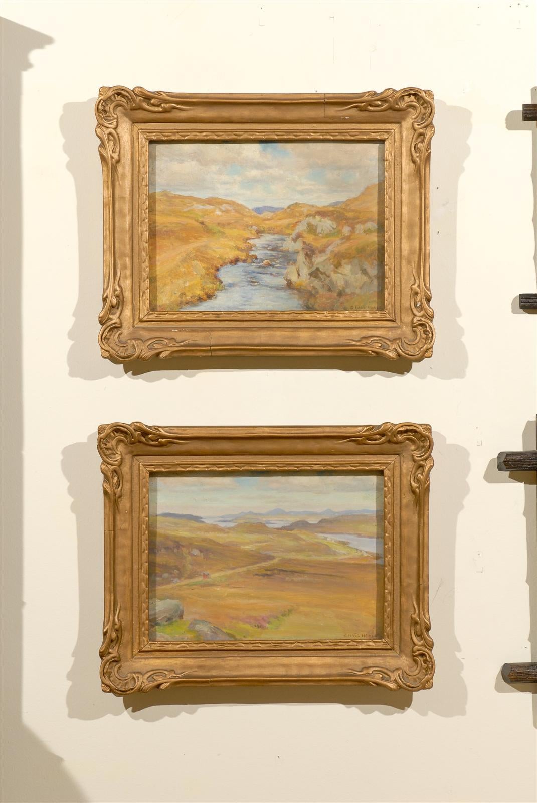 These are two original paintings by George Hall-Neale.  He lived from 1863 - 1940 in Britain he was known for painting portraits but painted landscapes as well.  The top image is titled "A Moorlands Stream" and the bottom painting is