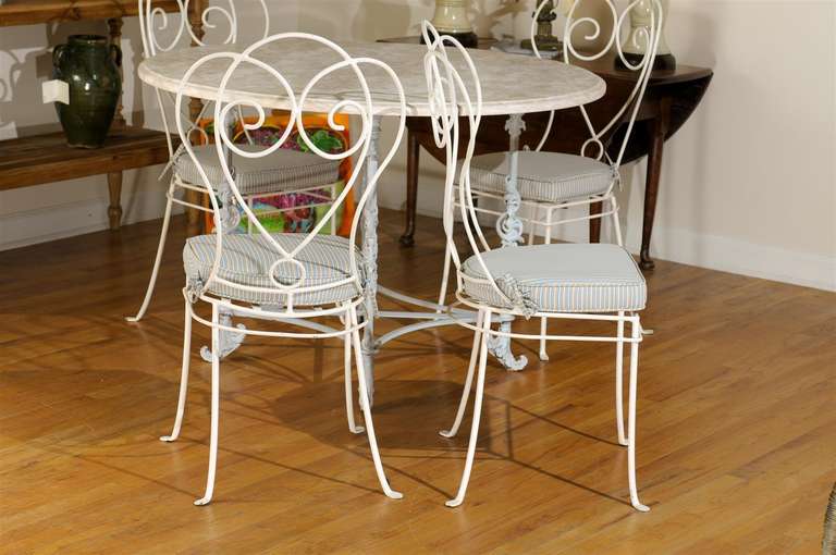 20th Century Iron Table with Marble Top and Four Chairs