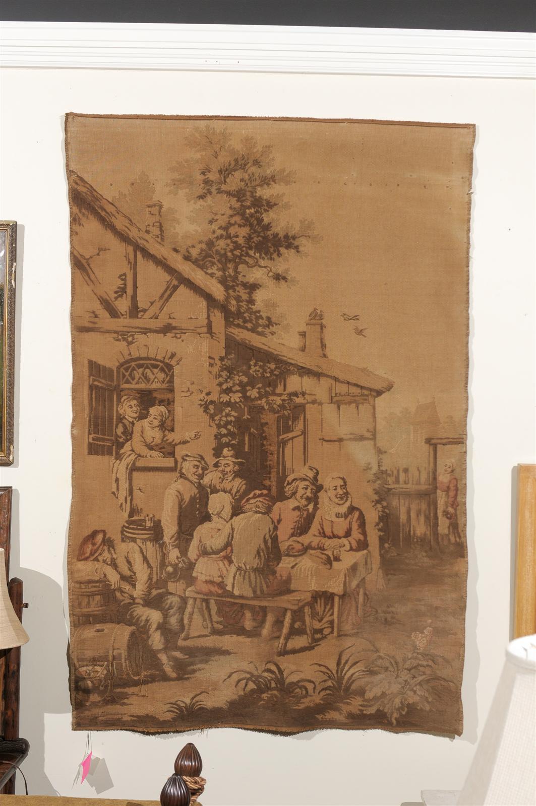 Country genre scene tapestry loomed with some wear. Shades of sepia due to years of conditioning. This lovely scene is very pleasing to the eye. Velcro is attached to the back top to facilitate ease of hanging. Acoustical properties also contribute