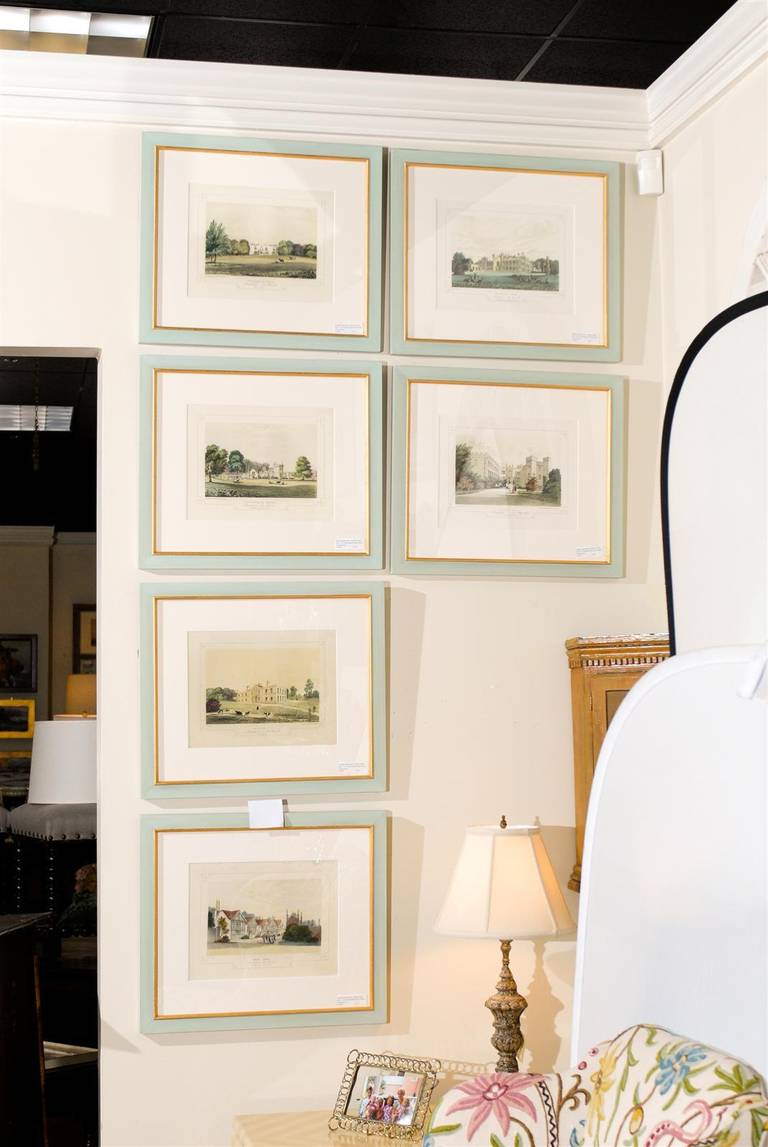 These 6 English estate prints are framed in hand painted aqua frames that are 1.25