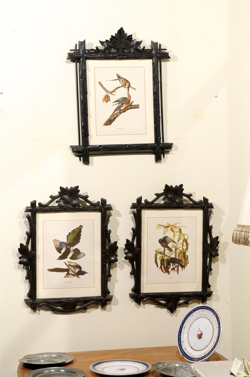 These are three lovely hand carved Black Forest framed bird prints.  The birds in the prints were identified from the Lewis and Clark expedition.  They drawn and colored by Roger Tory Peterson.  The frames and prints can be sold separately or as a