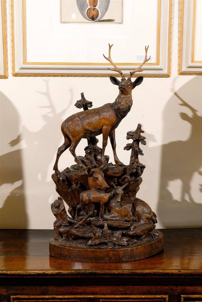 Black Forest carving became very popular in the mid-19th century. The carvers usually carved animals that you would hunt. Many of them feature hunters as well as animals. Some carved hunting dogs also. They used linden wood. In 1851 they were