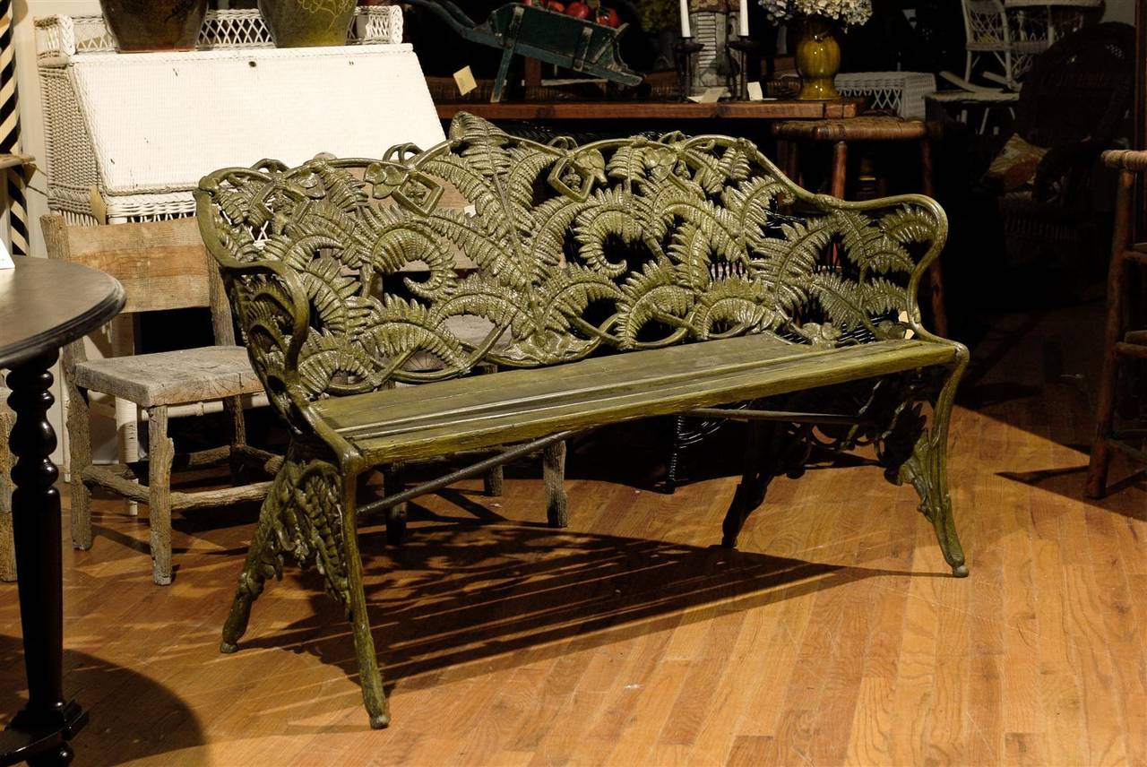 The fern and blackberry pattern Coalbrookdale foundry bench is its most popular pattern. This bench is in excellent condition. It has been newly painted.