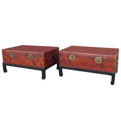 Antique Pair of Oversized Chinese Leather Trunks on Stands