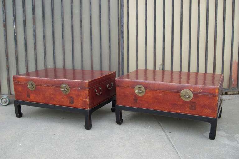 Pair of Oversized Chinese Leather Trunks on Stands