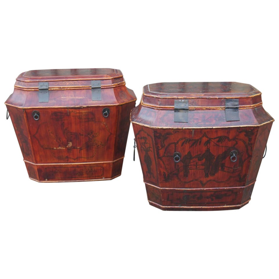 Pair, Chinese Lacquered Wood Traveling Trunks. For Sale