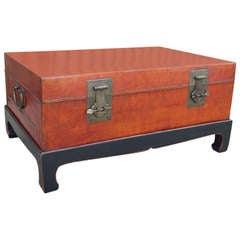 Large Chinese Leather Trunk on Carved Painted Wood Stand