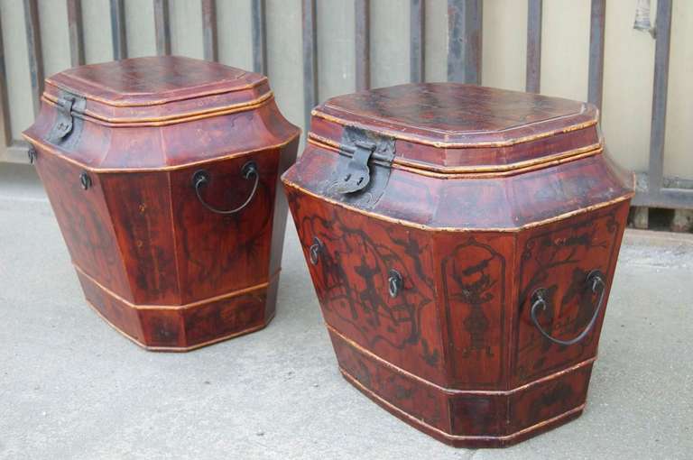 Pair, Chinese Lacquered Wood Traveling Trunks. In Good Condition For Sale In San Francisco, CA