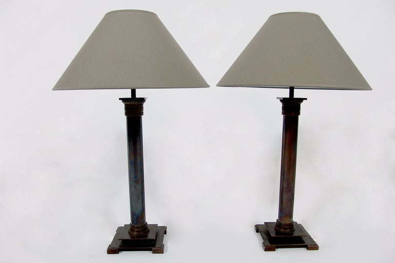 A Pair of Neoclassical Bronze Column-Form Lamps