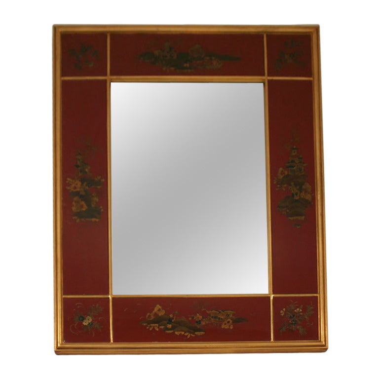 A Red Lacquered and Gilt-Decorated Panel Framed Mirror