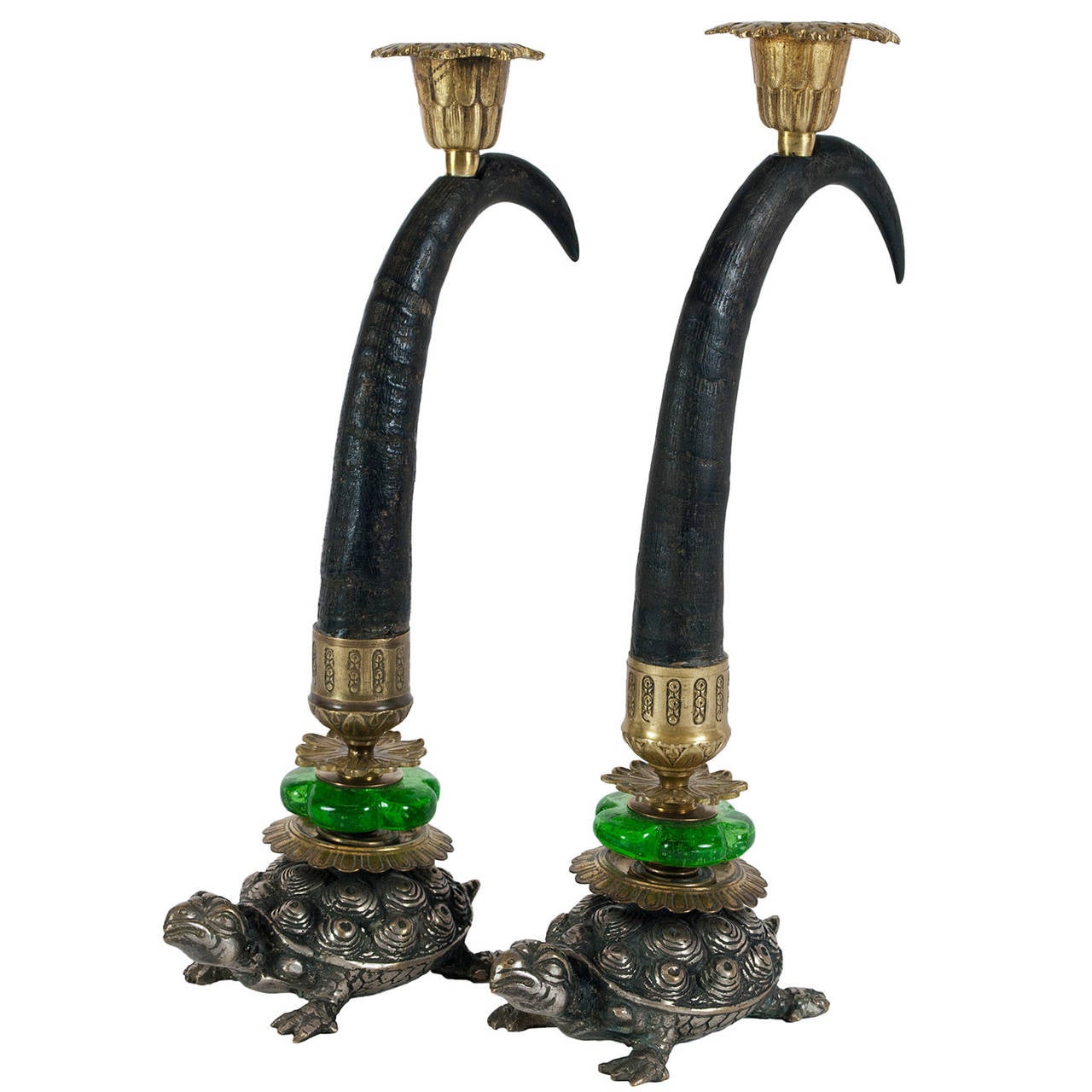Pair of Deer Horns Mounted as Candlesticks on Silver Plated Bronze Turtles