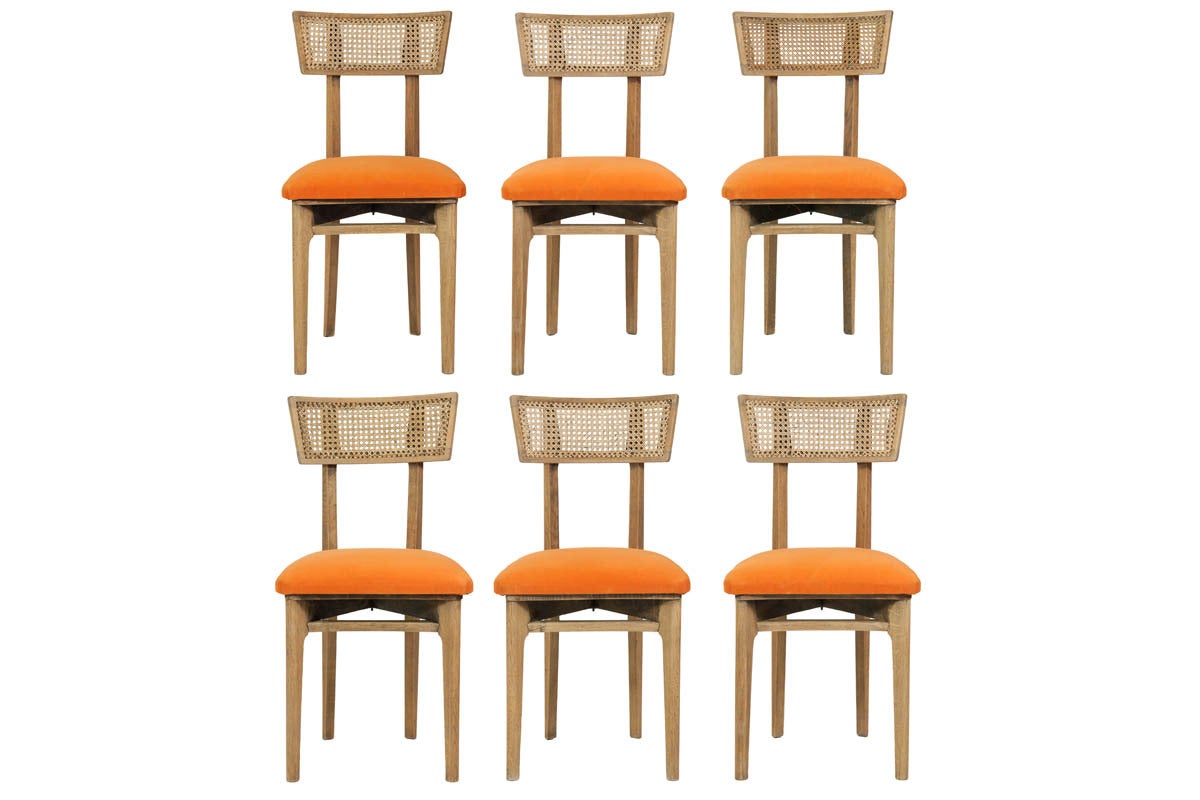 Set of Six Cerused Oak, Caned and Orange Mohair Dining Chairs