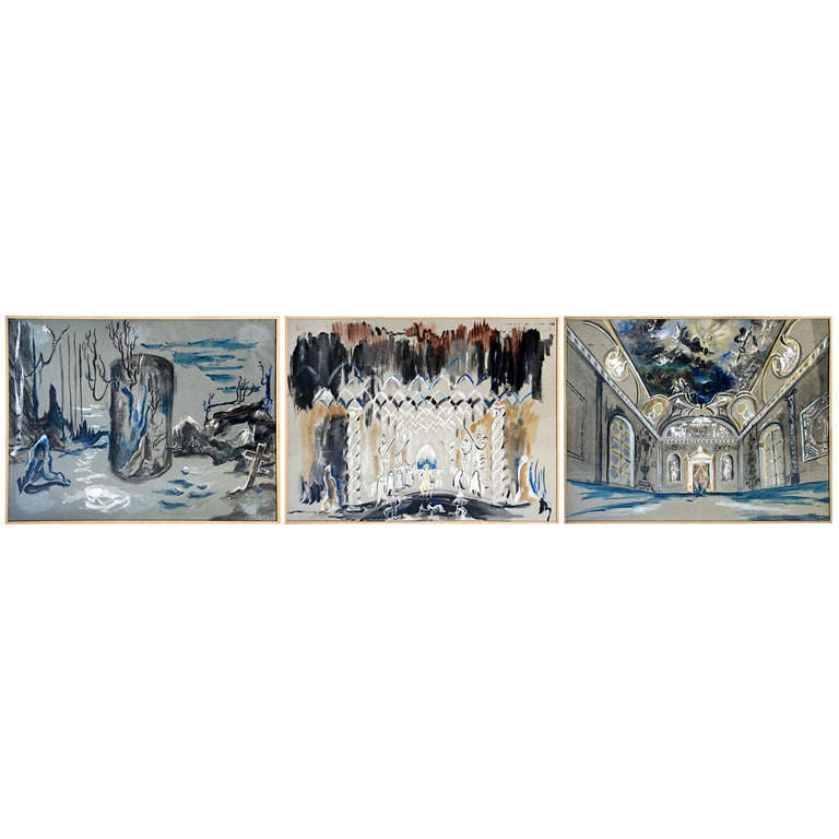 Set of Three 1960s Opera Decor Gouache Drawings on Grey Paper signed by Jacques André Brégère. The Drawings feature Decor Stages Including a Very Decorative French Palace Room.