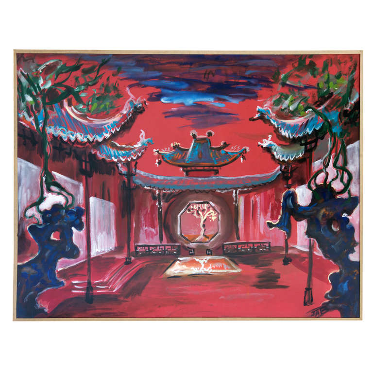 Set of three 1960s opera decor gouache drawings (unframed) on red paper signed by Jacques André Brégère (French), featuring an imaginative Chinese courtyard, hall and pagoda.