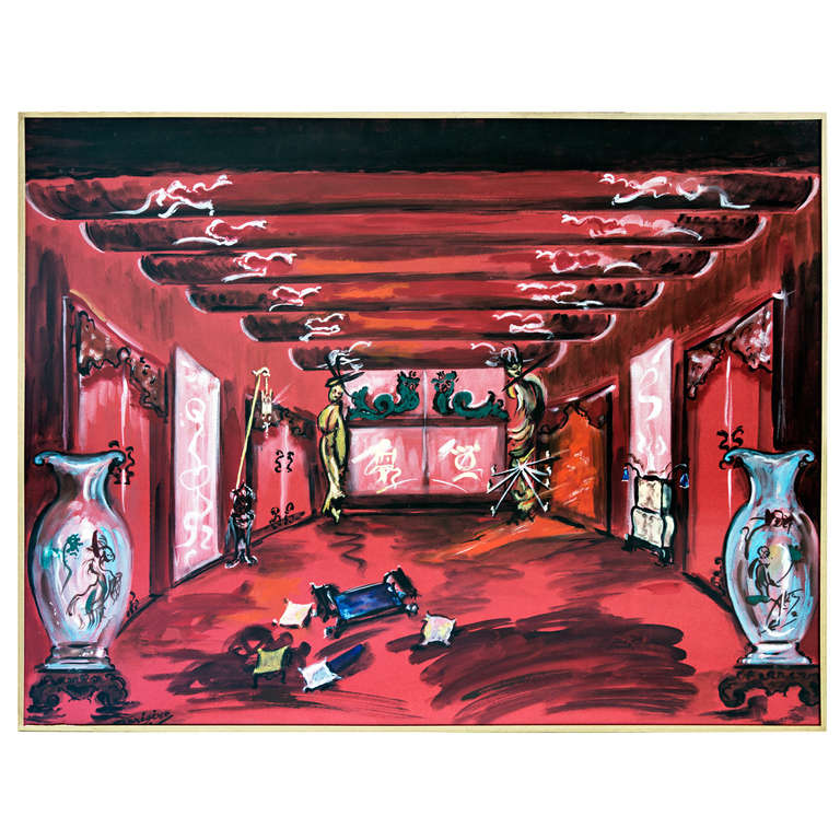 Set of Three 1960s Opera Decor Gouache Drawings, by Jacques André Brégère In Excellent Condition In Palm Beach, FL