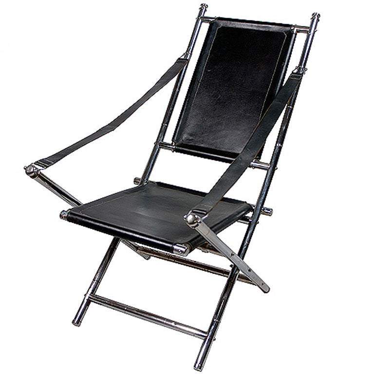 Chrome and Black Leather Folding Chair, Possibly by Maison Jansen