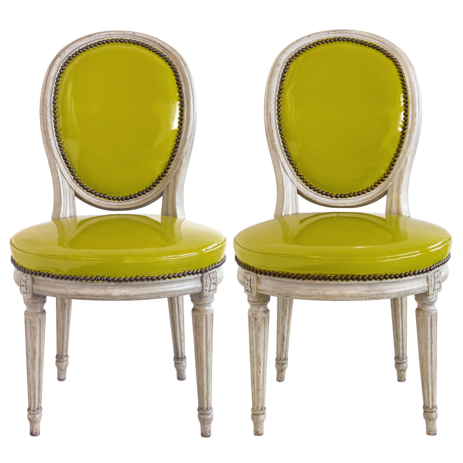 Pair of Louis XVI Grey-Painted Oval Back Side Chairs