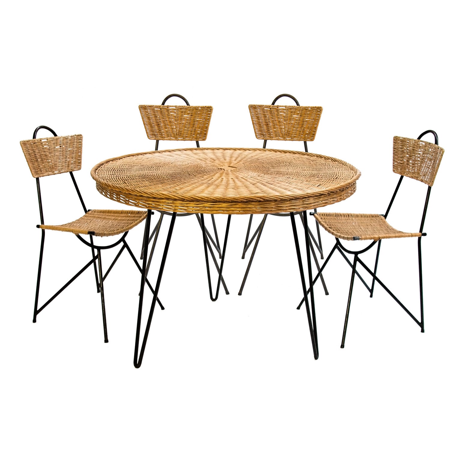 1950s Black Metal and Rattan Dining Set in the style of Franco Albini