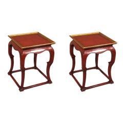 Vintage Pair of Chinese Modern Red and Gilt Lacquered End Tables