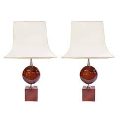 Pair of Red Lacquer Lamps by Philippe Barbier, France, 1970s 6
