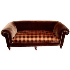 19th C. English Brown Mohair Velvet and Tartan Upholstered Sofa