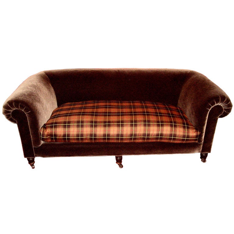 19th C. English Brown Mohair Velvet and Tartan Upholstered Sofa For
