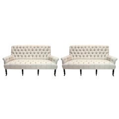 Pair of Napoleon III Button-Tufted Linen Upholstered Canapes