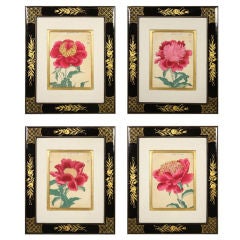 Antique Four Framed Woodlblock Prints of Hand-Colored Peonies